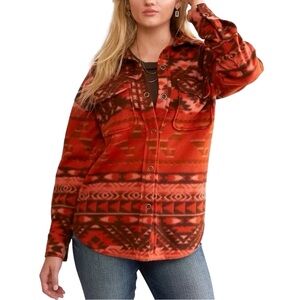 BKE Southwestern Aztec Boyfriend Red Polar Fleece Collared Shirt Top NEW S